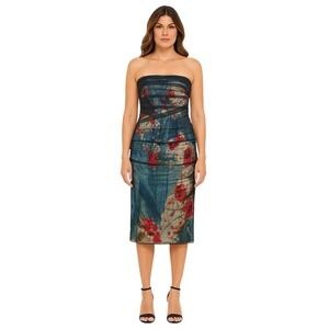 Rene Ruiz Collection Strapless Printed Tulle Overlay Midi Dress Black Multi Sz 4